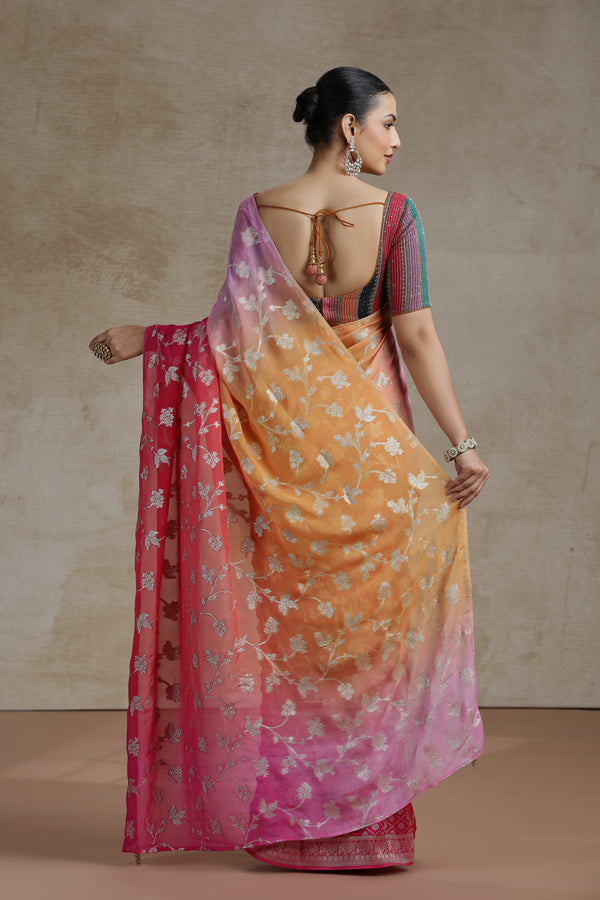 Ambre Organza Saree with Woven Detailing & Rani Pink Dola Silk Blouse