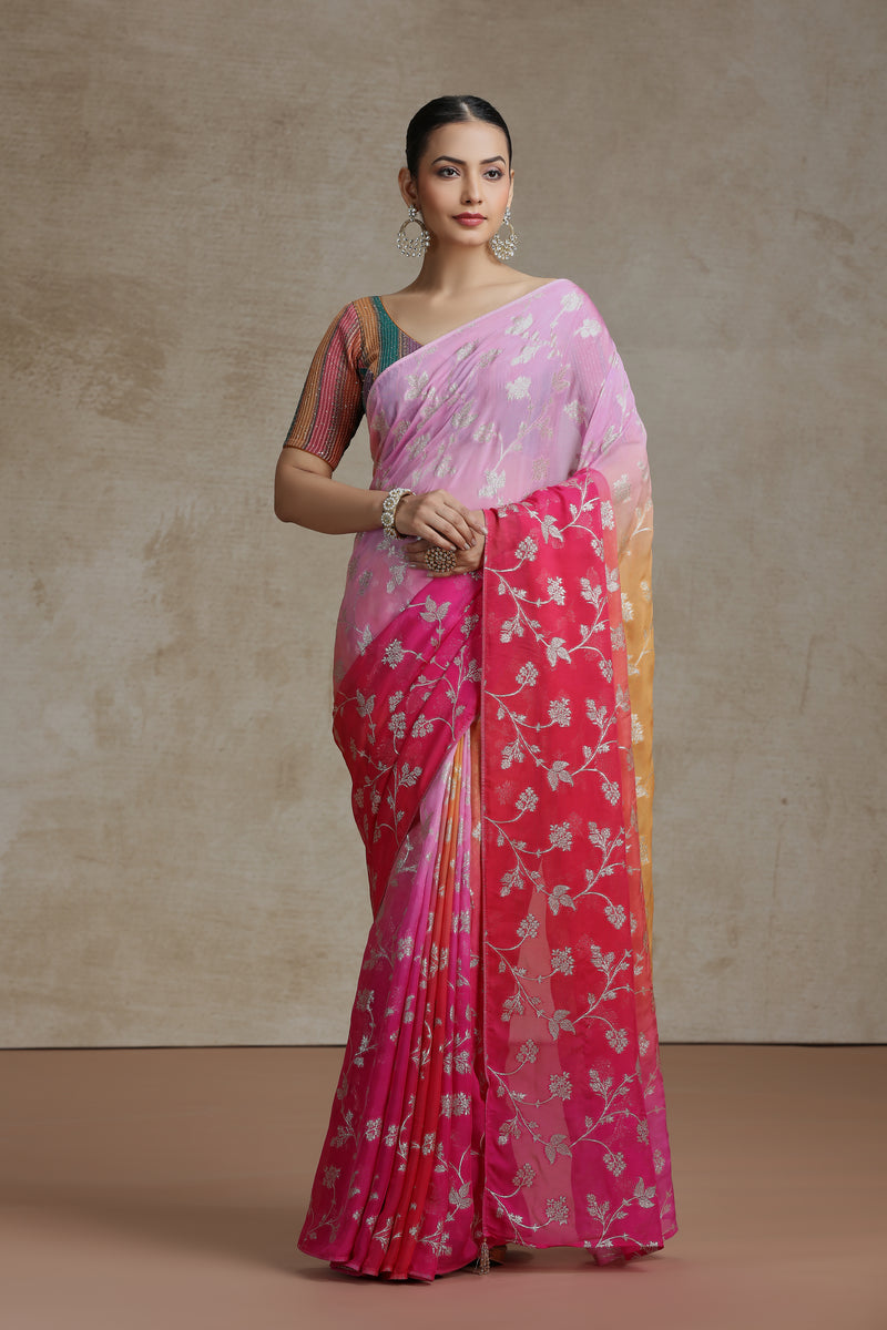 Ambre Organza Saree with Woven Detailing & Rani Pink Dola Silk Blouse