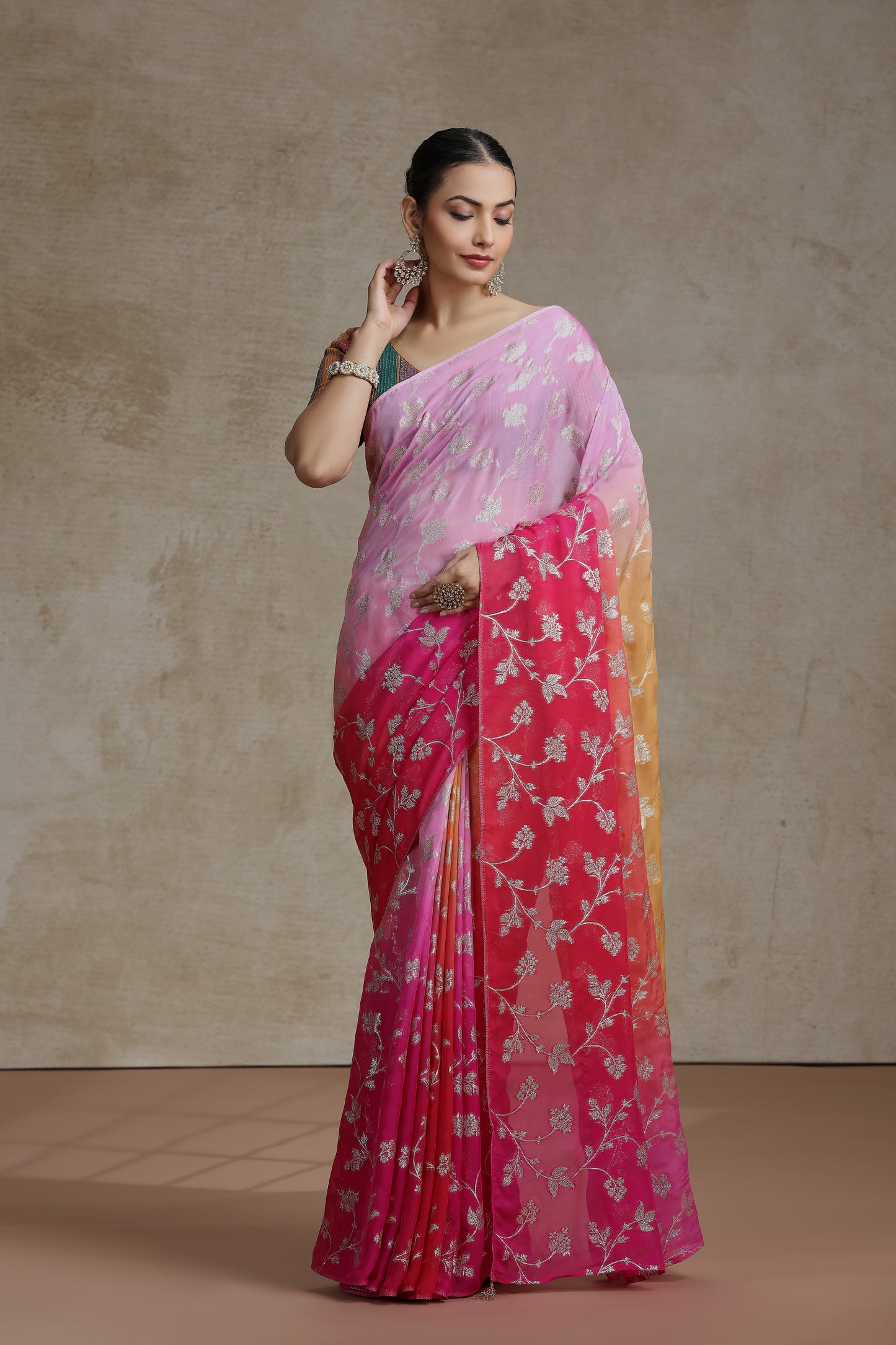 Ambre Organza Saree with Woven Detailing & Rani Pink Dola Silk Blouse