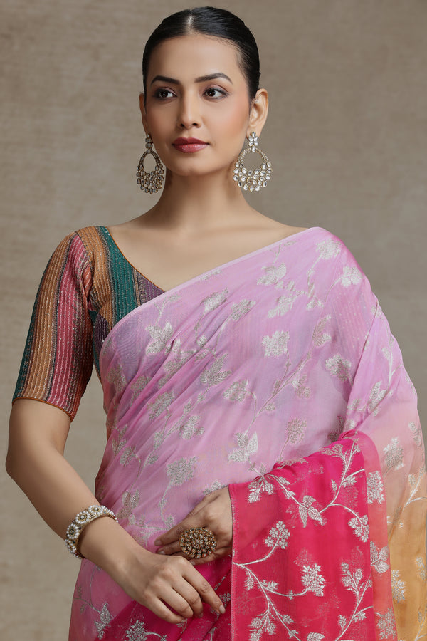 Ambre Organza Saree with Woven Detailing & Rani Pink Dola Silk Blouse