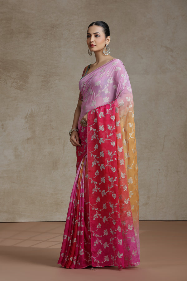 Ambre Organza Saree with Woven Detailing & Rani Pink Dola Silk Blouse
