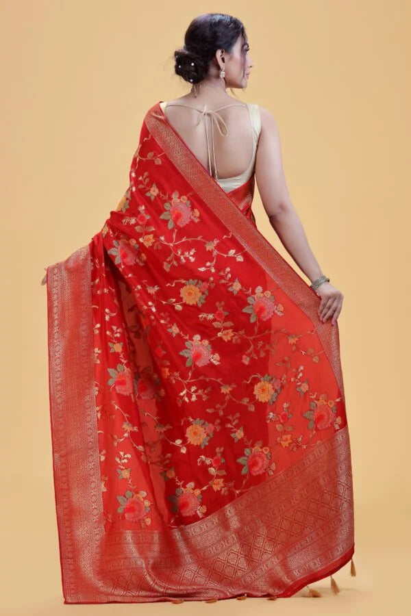 Deep Red Dola Silk Saree with Gold Floral Weaving