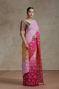 Ambre Organza Saree with Woven Detailing & Rani Pink Dola Silk Blouse