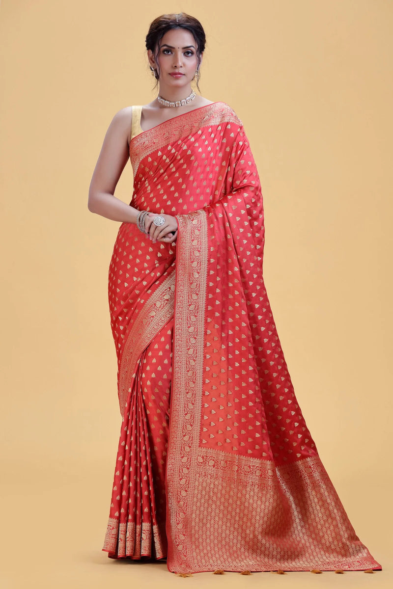 Cherry Red Dola Silk Saree with Gold Butti Weaving