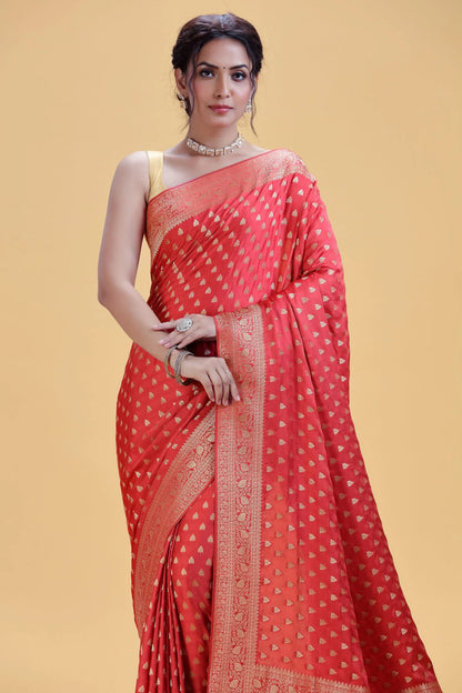 Cherry Red Dola Silk Saree with Gold Butti Weaving