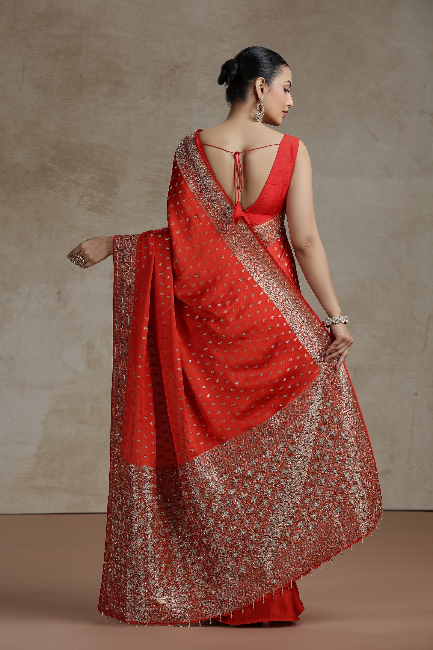 Orange Dola Silk Saree with Weaving, Cutdana & Pearl Work