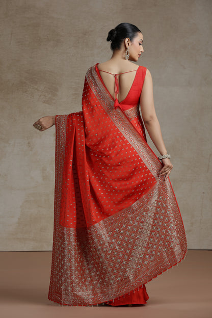 Orange Dola Silk Saree with Weaving, Cutdana & Pearl Work