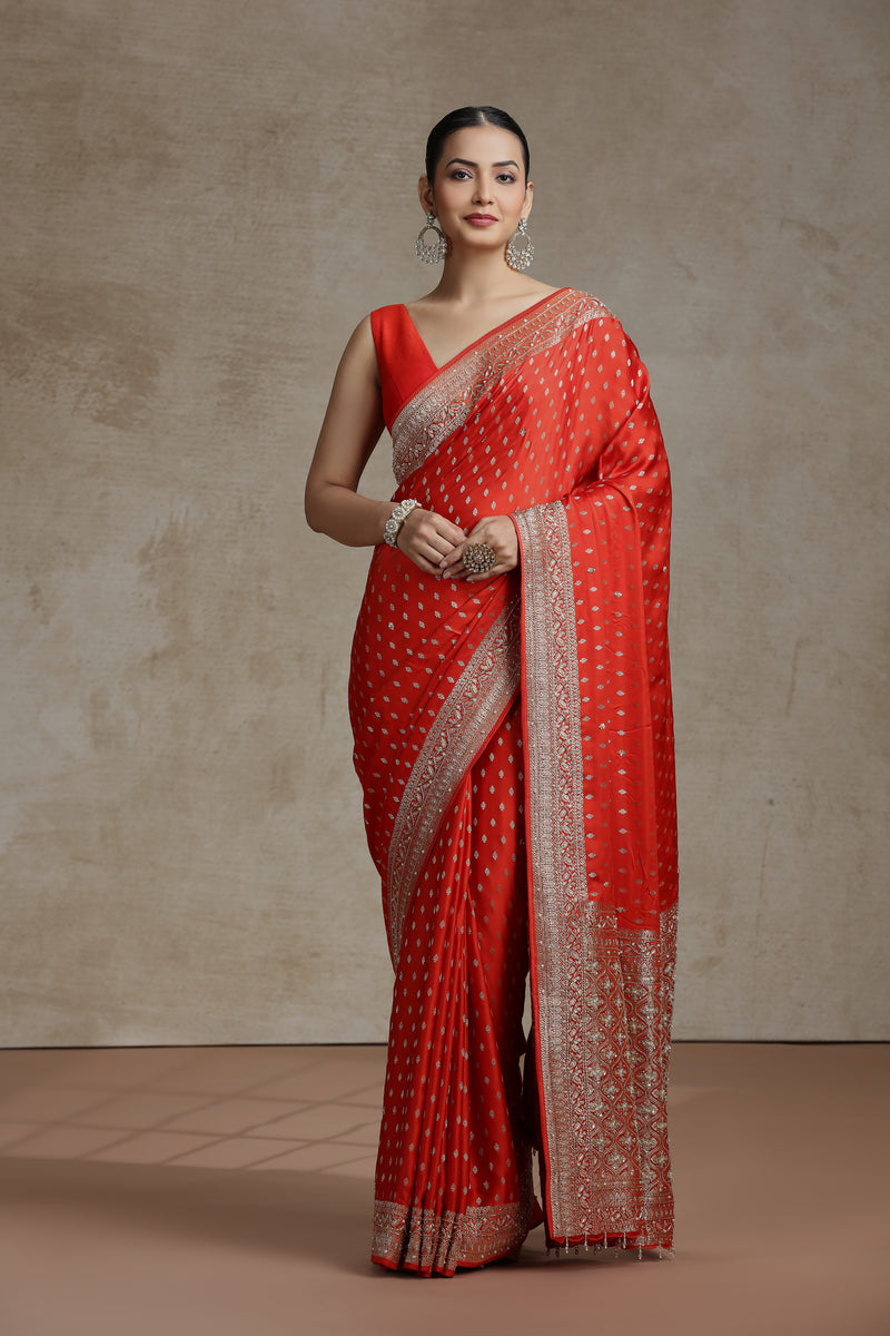 Orange Dola Silk Saree with Weaving, Cutdana & Pearl Work