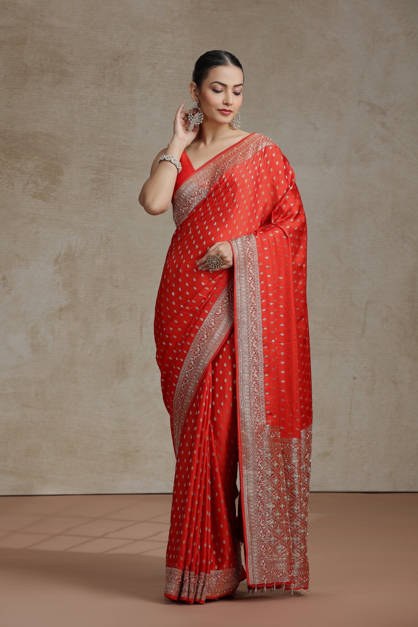 Orange Dola Silk Saree with Weaving, Cutdana & Pearl Work