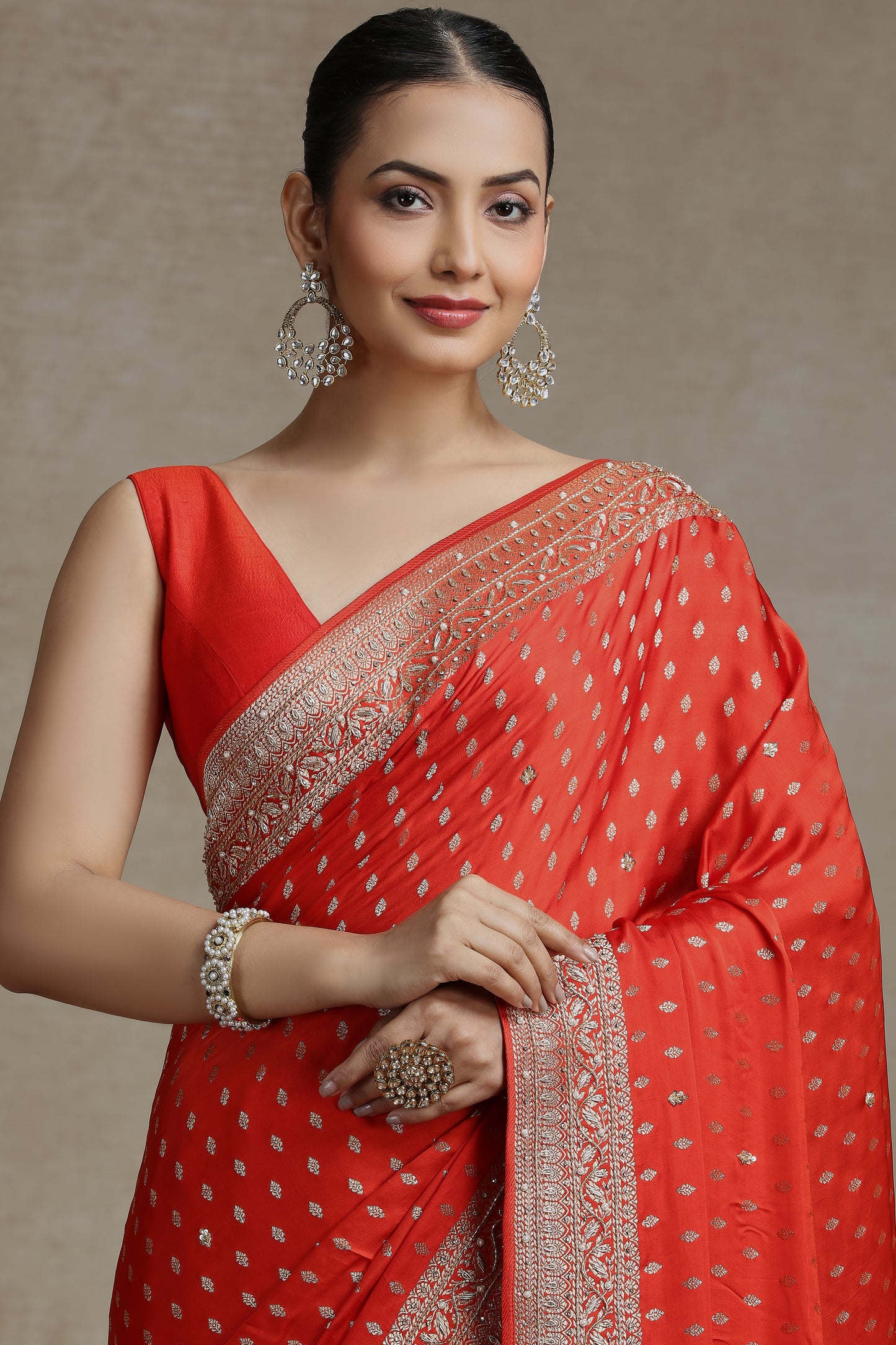 Orange Dola Silk Saree with Weaving, Cutdana & Pearl Work