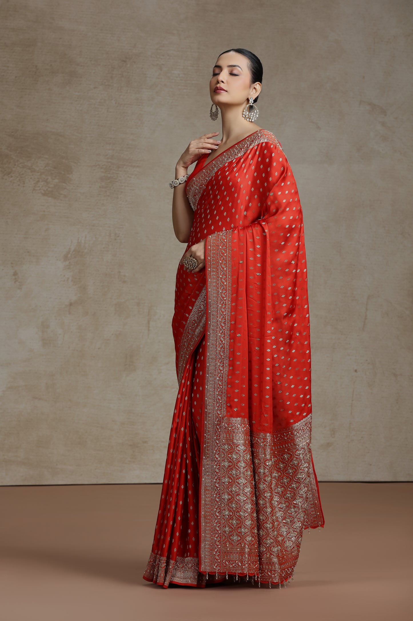 Orange Dola Silk Saree with Weaving, Cutdana & Pearl Work