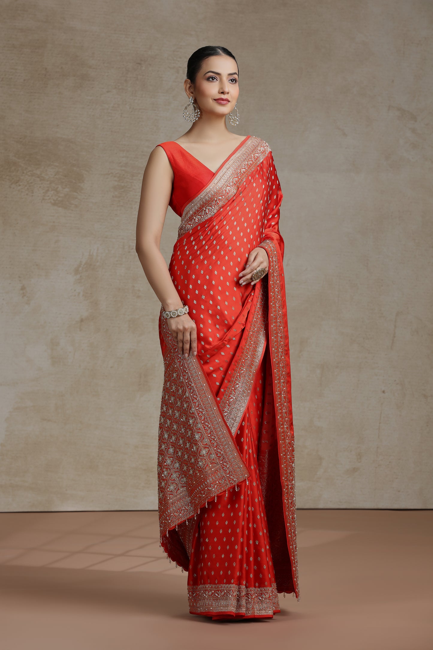 Orange Dola Silk Saree with Weaving, Cutdana & Pearl Work