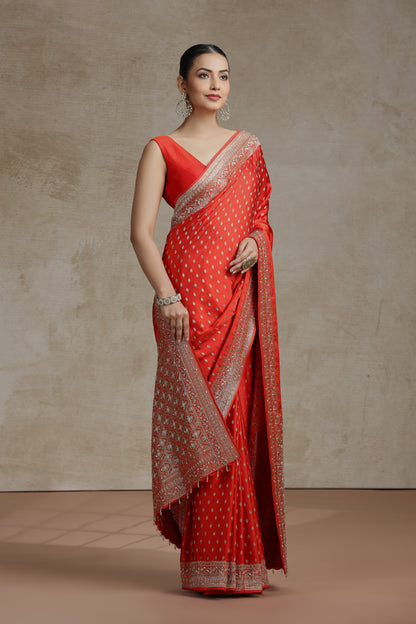 Orange Dola Silk Saree with Weaving, Cutdana & Pearl Work