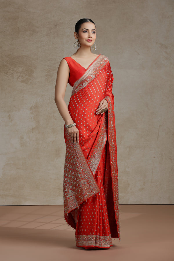 Orange Dola Silk Saree with Weaving, Cutdana & Pearl Work