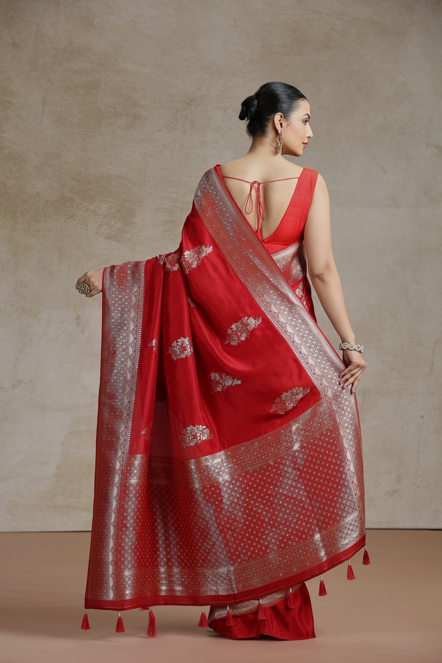 Red Dola Silk Saree with Woven Detailing