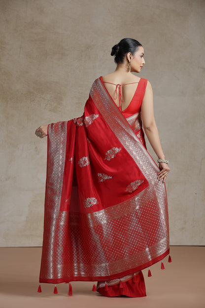Red Dola Silk Saree with Woven Detailing