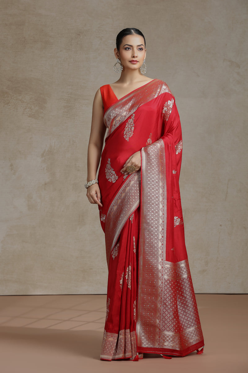 Red Dola Silk Saree with Woven Detailing