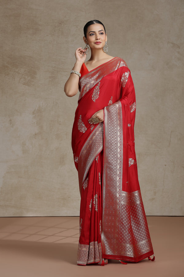 Red Dola Silk Saree with Woven Detailing