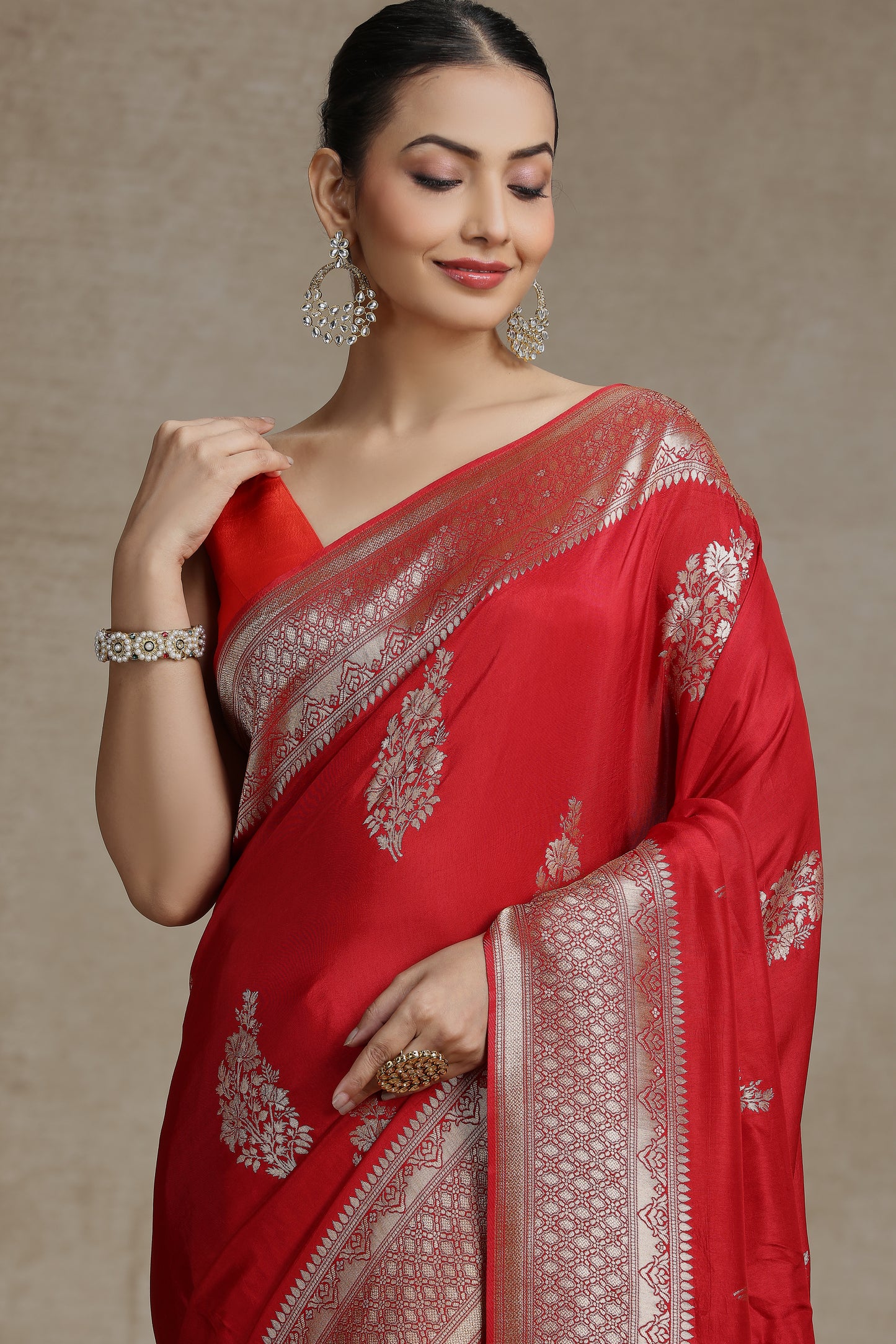 Red Dola Silk Saree with Woven Detailing