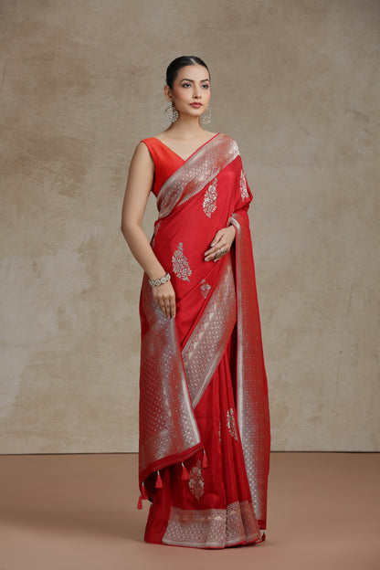 Red Dola Silk Saree with Woven Detailing