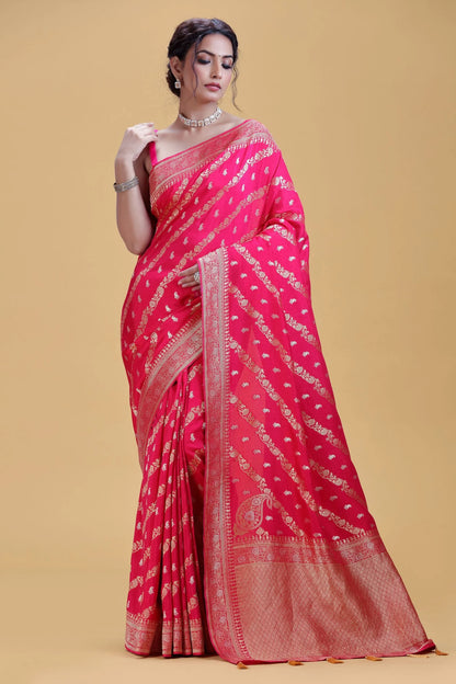 Fuchsia Pink Dola Silk Saree with Unstitched Blouse