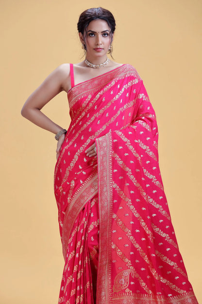 Fuchsia Pink Dola Silk Saree with Unstitched Blouse