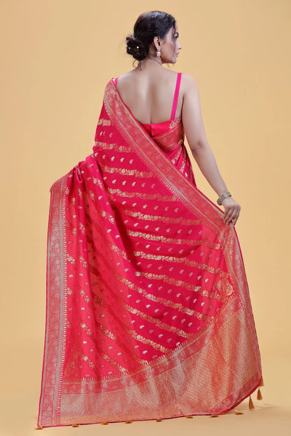 Fuchsia Pink Dola Silk Saree with Unstitched Blouse