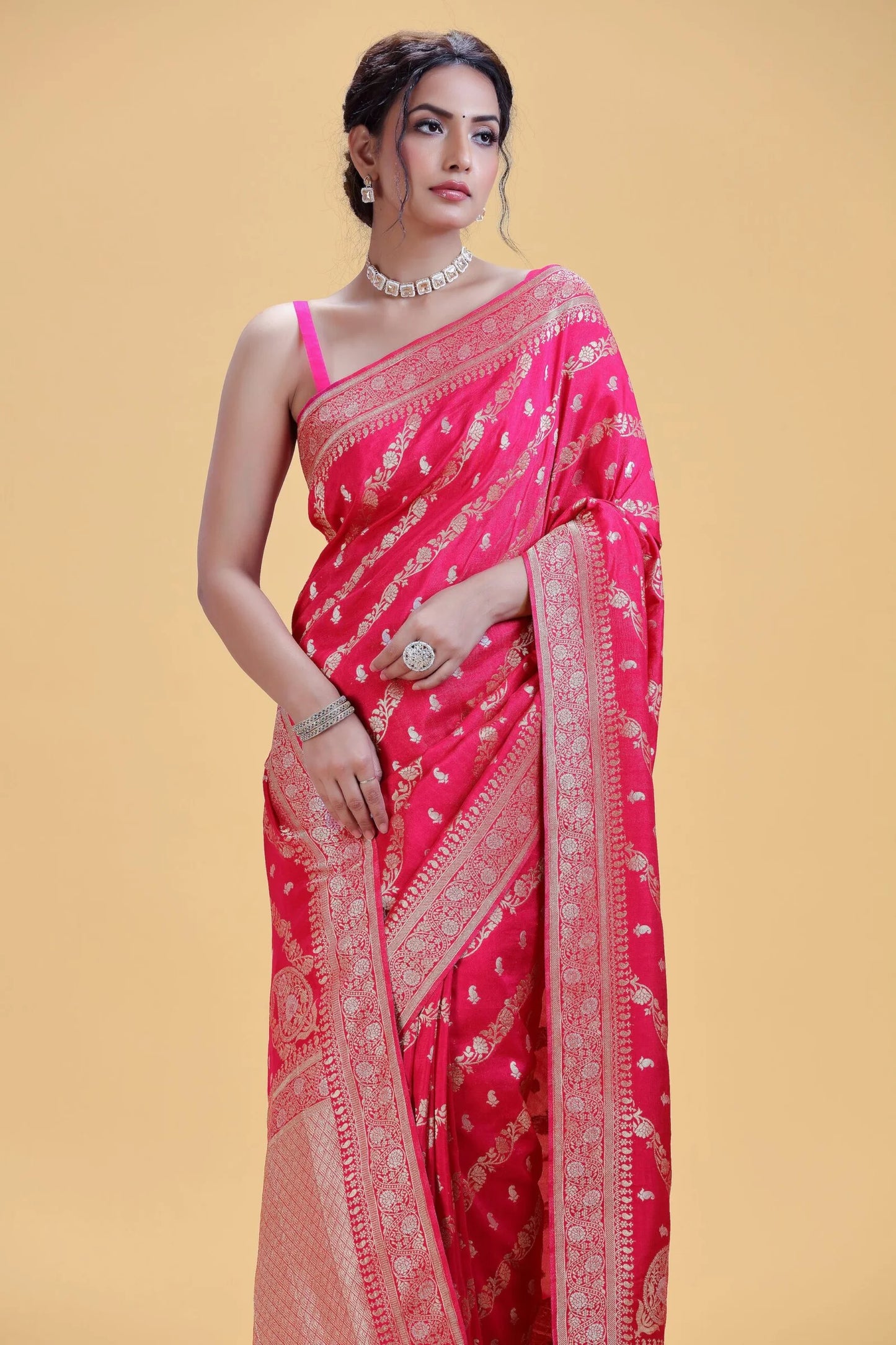 Fuchsia Pink Dola Silk Saree with Unstitched Blouse