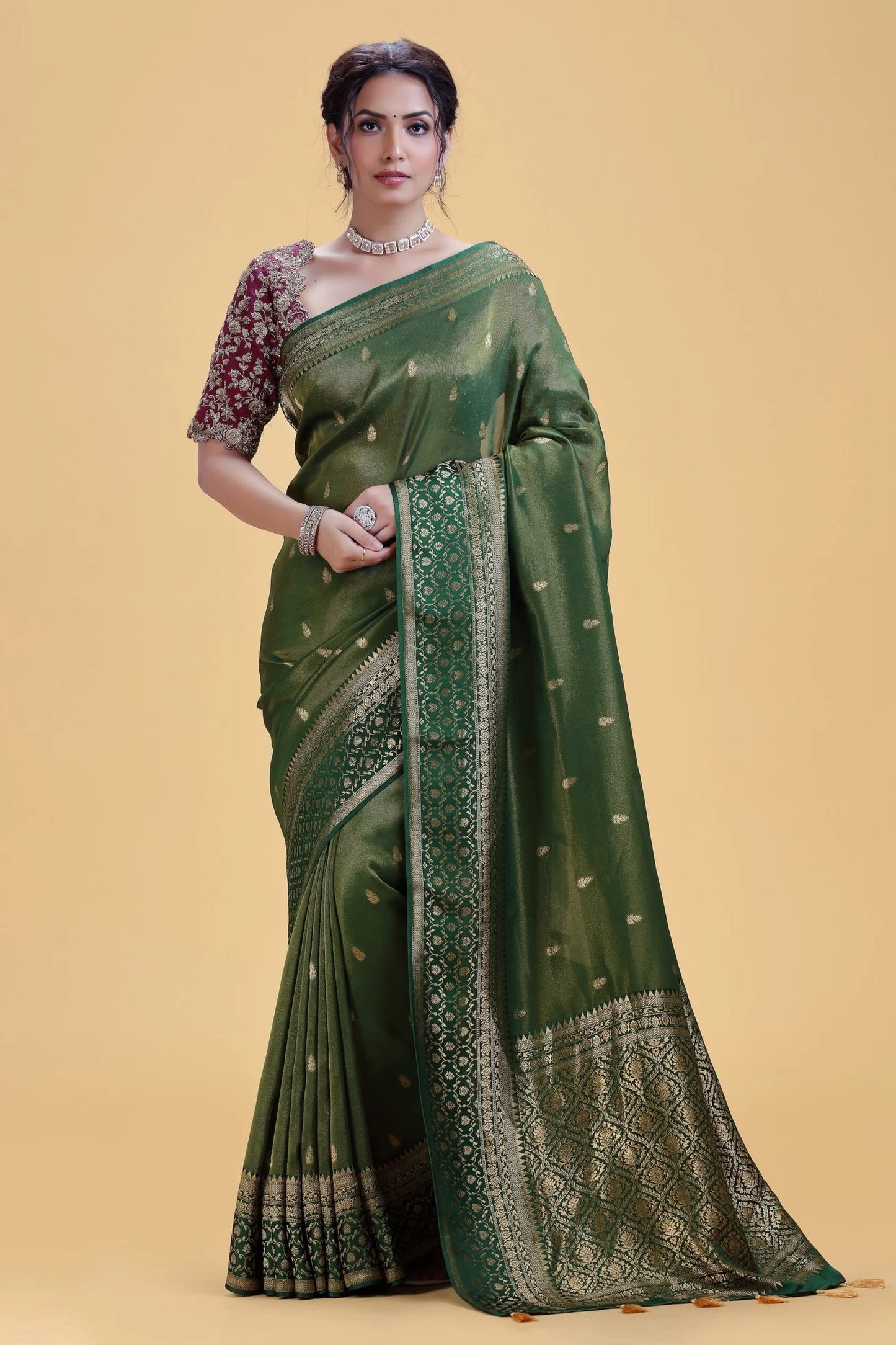 Deep Olive Green Dola Silk Saree with Gold Weaving