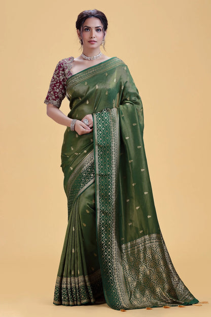 Deep Olive Green Dola Silk Saree with Gold Weaving