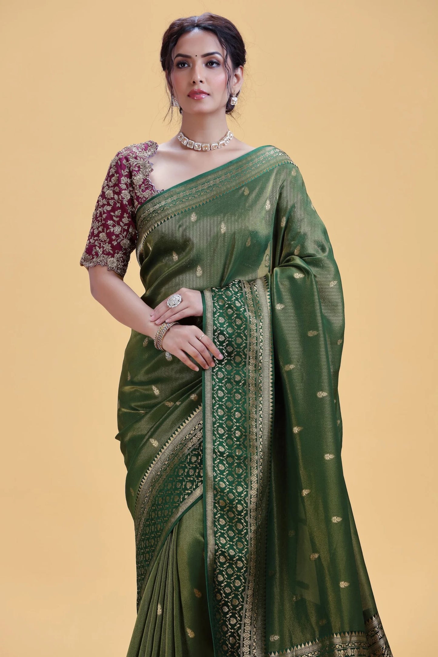 Deep Olive Green Dola Silk Saree with Gold Weaving