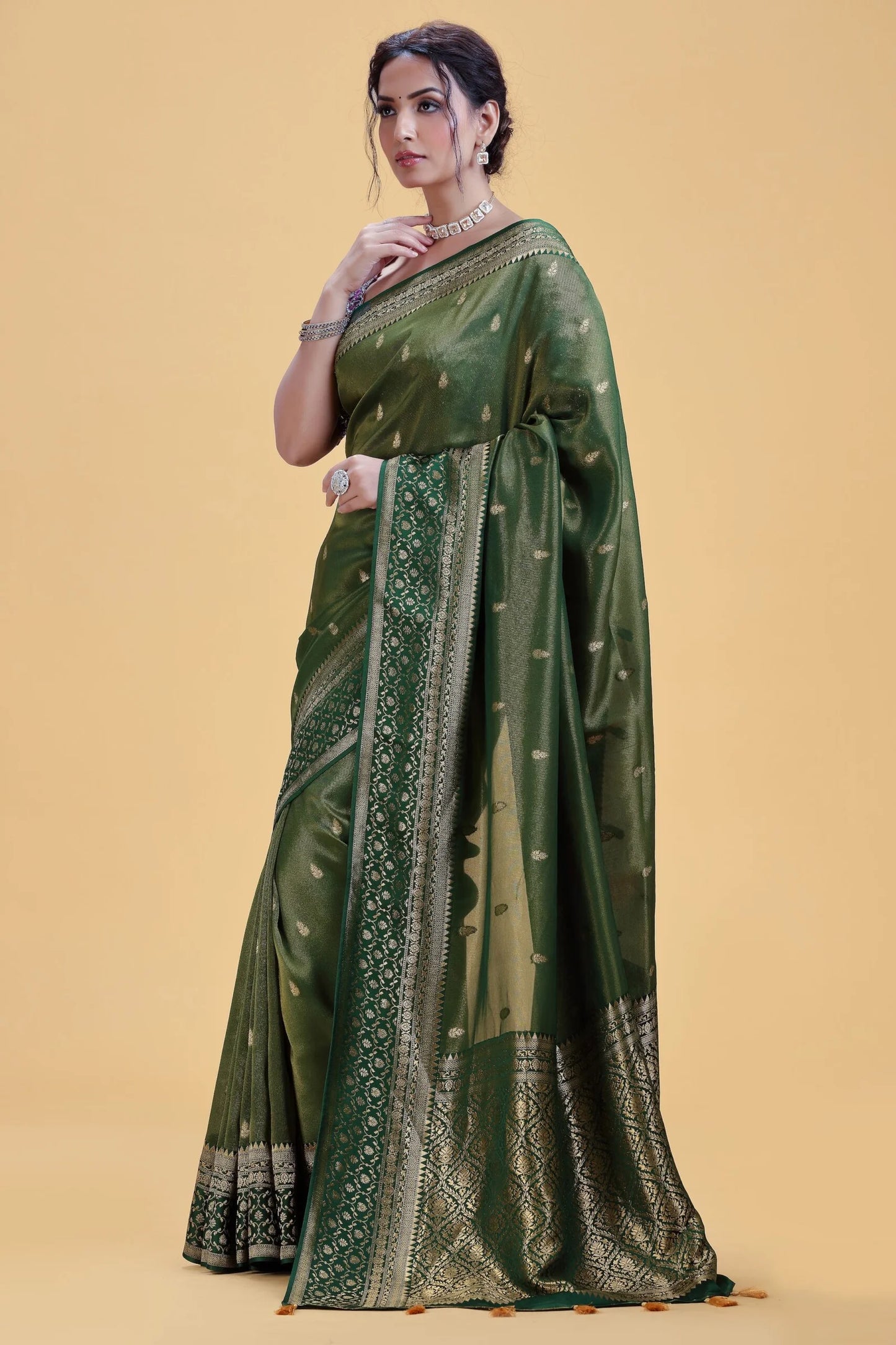 Deep Olive Green Dola Silk Saree with Gold Weaving