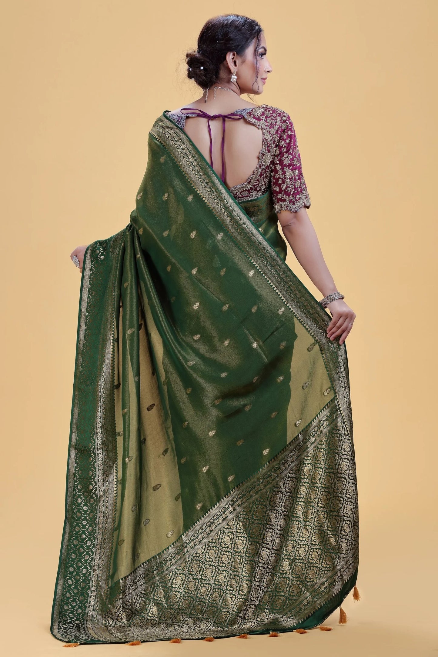 Deep Olive Green Dola Silk Saree with Gold Weaving