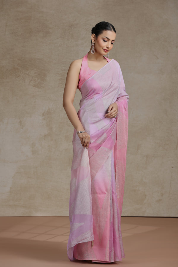 Pink & Mauve Ombre Organza Saree with Weaving Work