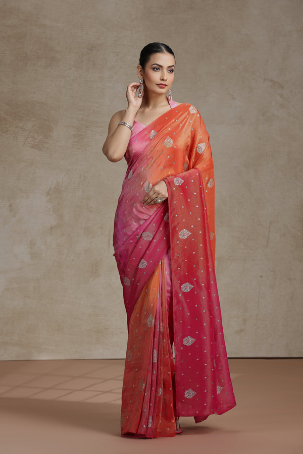Ambre Dola Silk Saree with Woven Detailing & Rani Pink Blouse