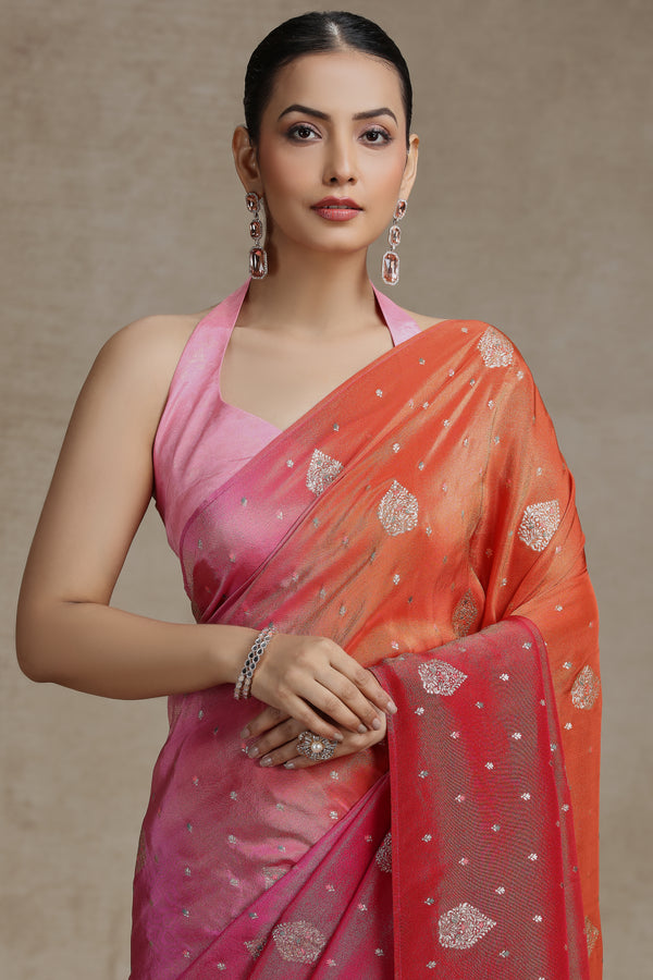 Ambre Dola Silk Saree with Woven Detailing & Rani Pink Blouse