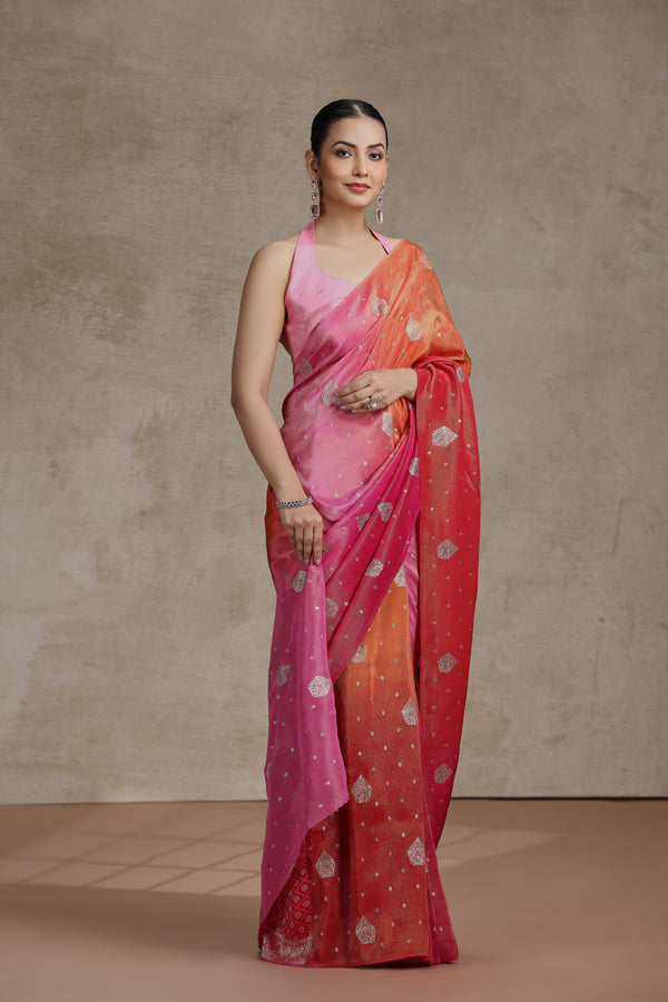 Ambre Dola Silk Saree with Woven Detailing & Rani Pink Blouse