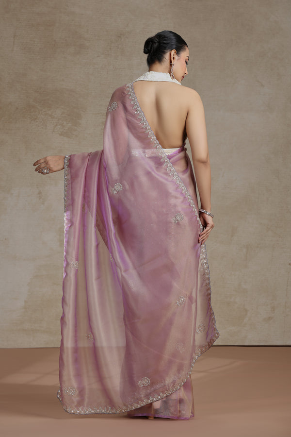 Mauve Tissue Organza Saree with Sequins, Cutdana & Pearl Work
