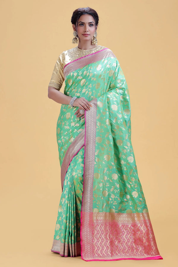 Mint Green Kathan Silk Saree with Gold Weaving & Pink Blouse