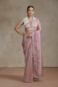 Mauve Tissue Organza Saree with Sequins, Cutdana & Pearl Work