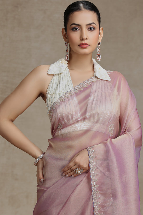 Mauve Tissue Organza Saree with Sequins, Cutdana & Pearl Work