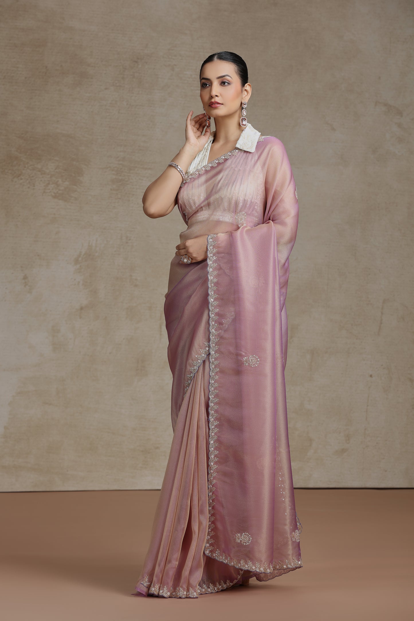 Mauve Tissue Organza Saree with Sequins, Cutdana & Pearl Work