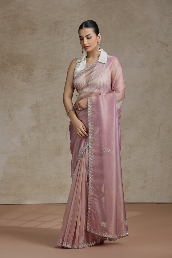 Mauve Tissue Organza Saree with Sequins, Cutdana & Pearl Work