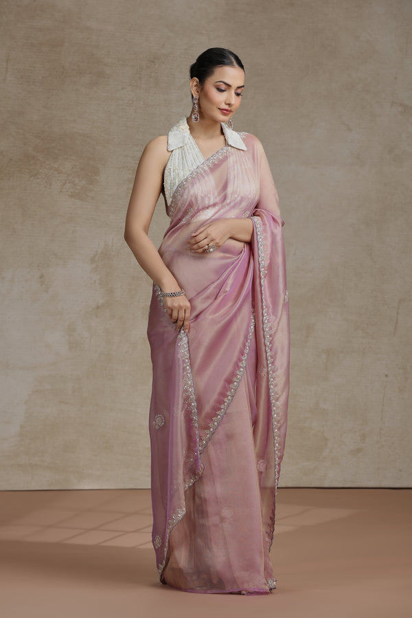 Mauve Tissue Organza Saree with Sequins, Cutdana & Pearl Work