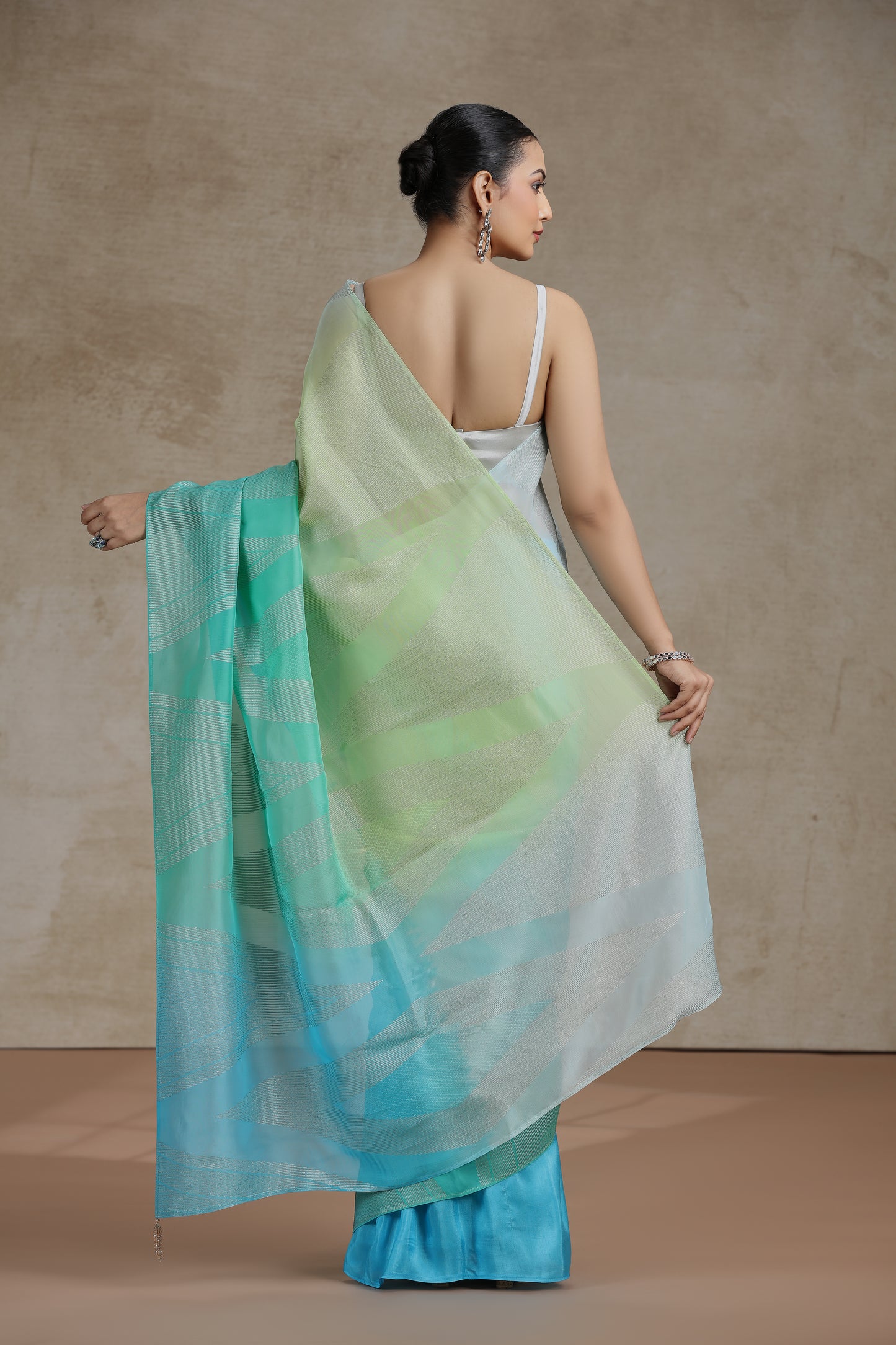 Ambre Organza Saree with Weaving & Firozi Blue Dola Silk Blouse