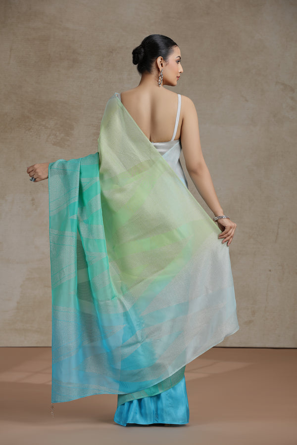 Ambre Organza Saree with Weaving & Firozi Blue Dola Silk Blouse
