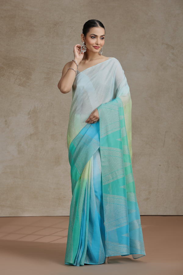 Ambre Organza Saree with Weaving & Firozi Blue Dola Silk Blouse
