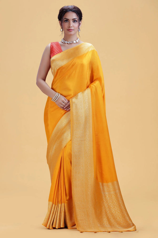 Amber Yellow Dola Silk Saree with Gold Weaving