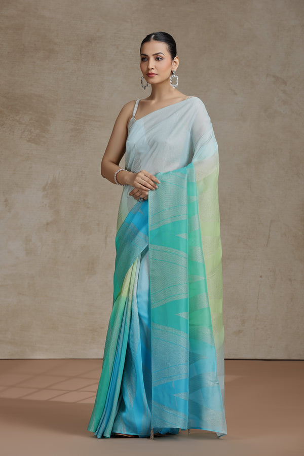 Ambre Organza Saree with Weaving & Firozi Blue Dola Silk Blouse