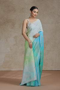 Ambre Organza Saree with Weaving & Firozi Blue Dola Silk Blouse